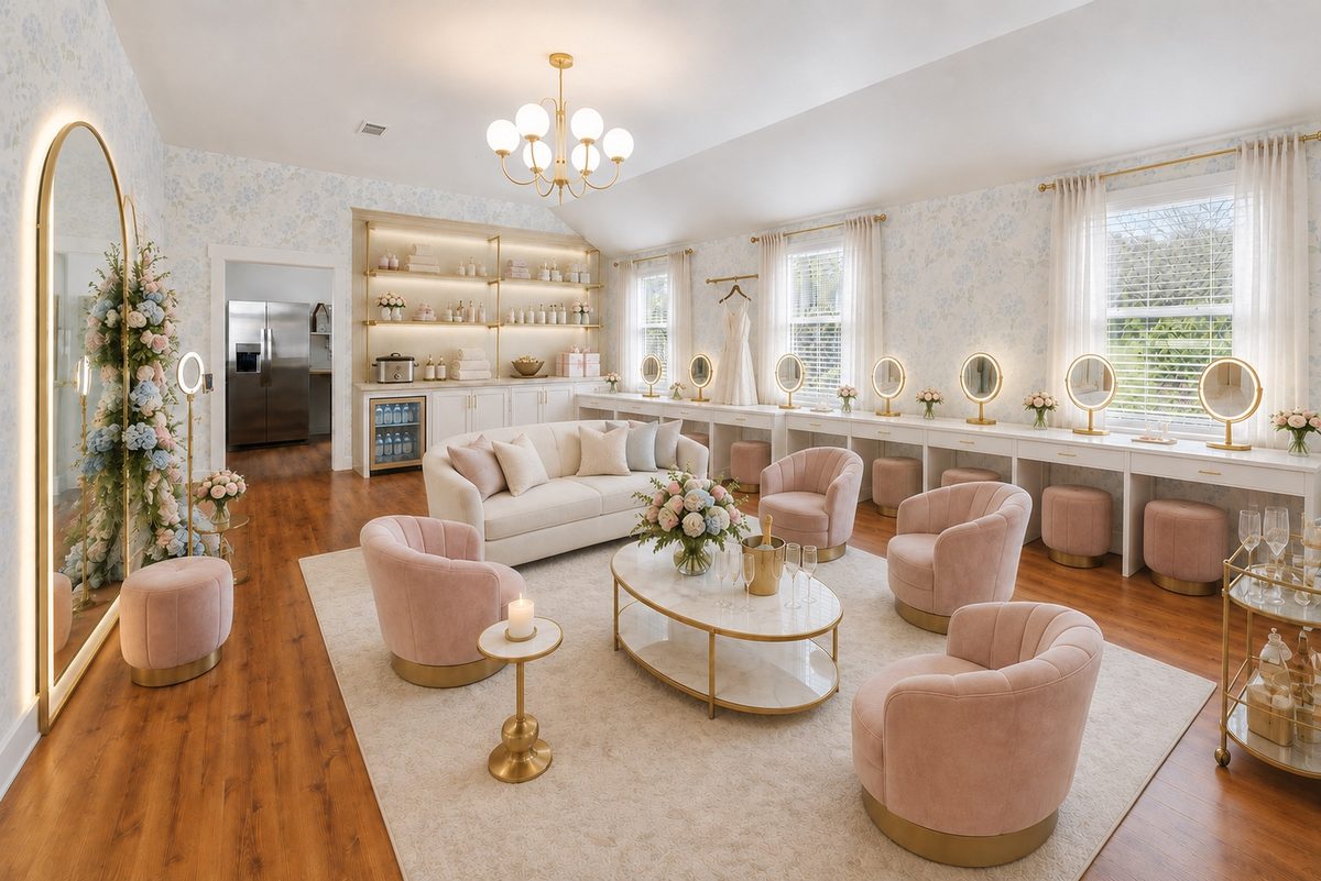 The bridal suite — blush velvet chairs, lit vanity mirrors, floral wallpaper