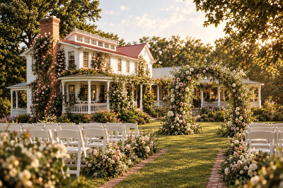 The ceremony garden — white chairs and a rose arch on the lawn beside the mansion