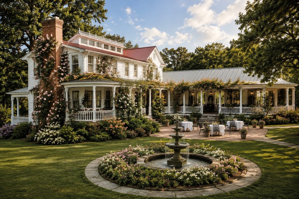 The white mansion wrapped in climbing roses, with the fountain garden in front