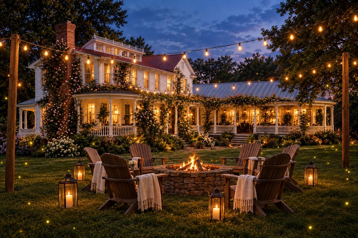 The fire pit at dusk — Adirondack chairs, blankets, and lanterns before the lit mansion