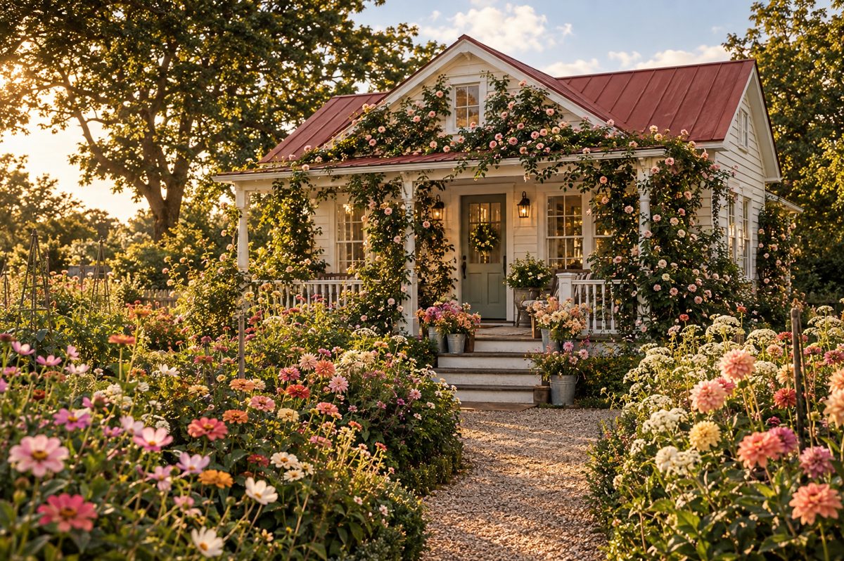 The flower cottage surrounded by cutting-garden beds of zinnias and cosmos
