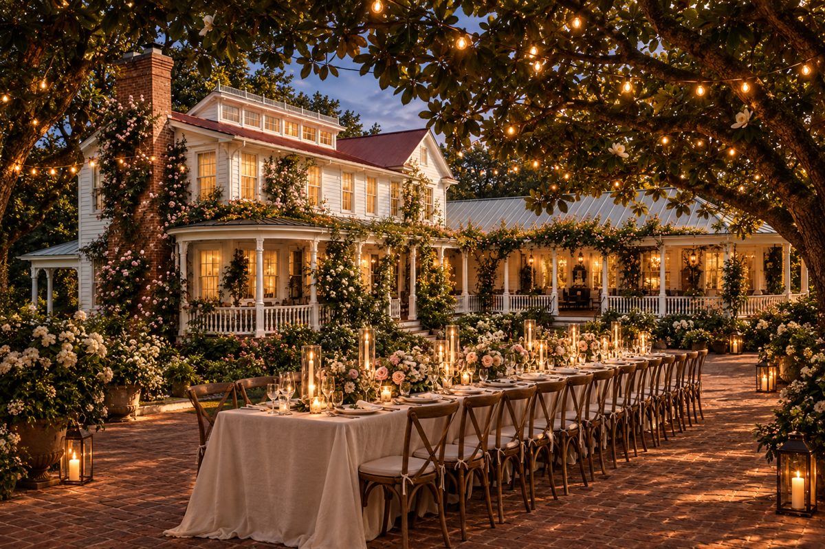 A long candlelit dinner table on the brick terrace beneath the magnolias