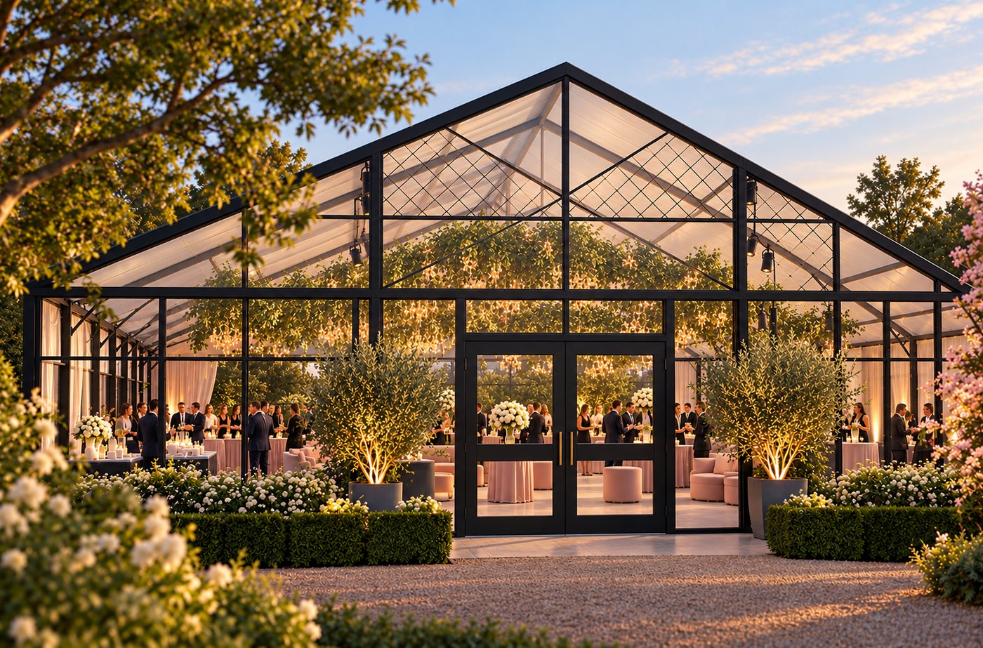 The atrium at dusk — glass and iron, chandeliers lit, cocktail hour inside