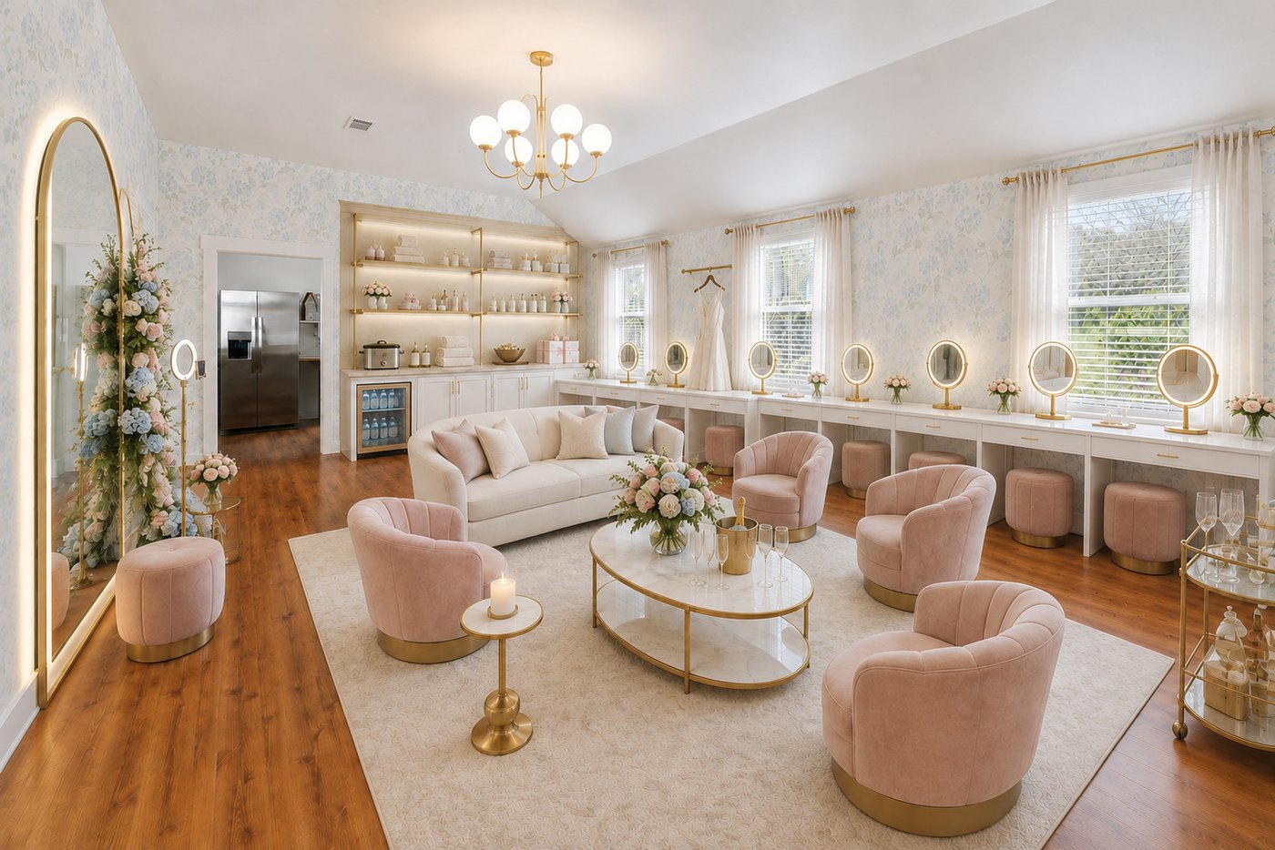 The bridal suite — blush chairs, lit vanity mirrors along the windows, a gown hanging ready