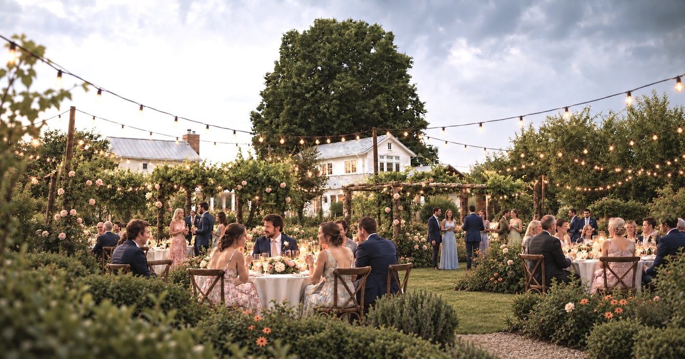 Supper in the gardens under market lights, tables gathered among the roses