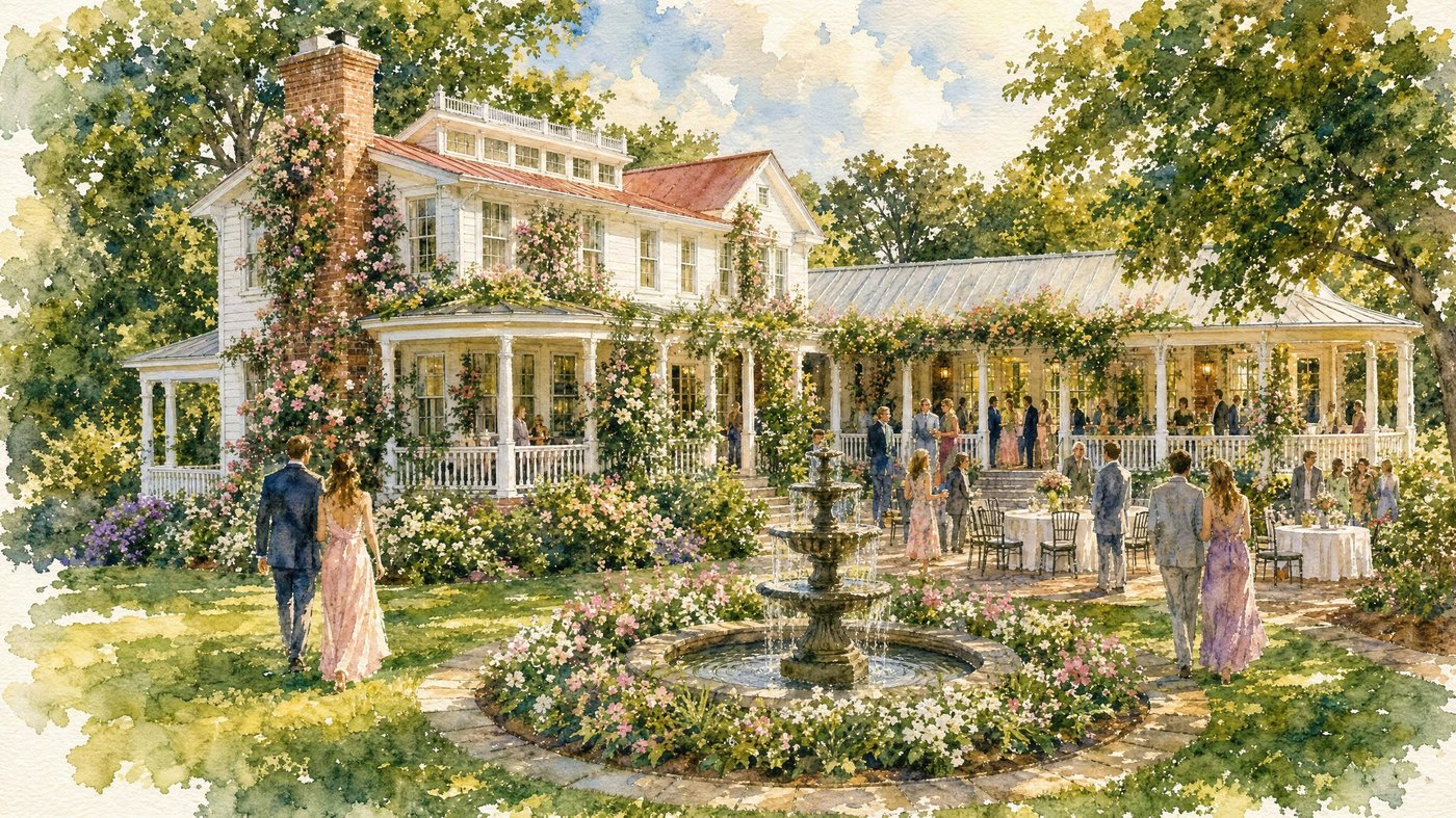 The house in watercolor — wraparound porches, climbing roses, and the fountain garden mid-celebration