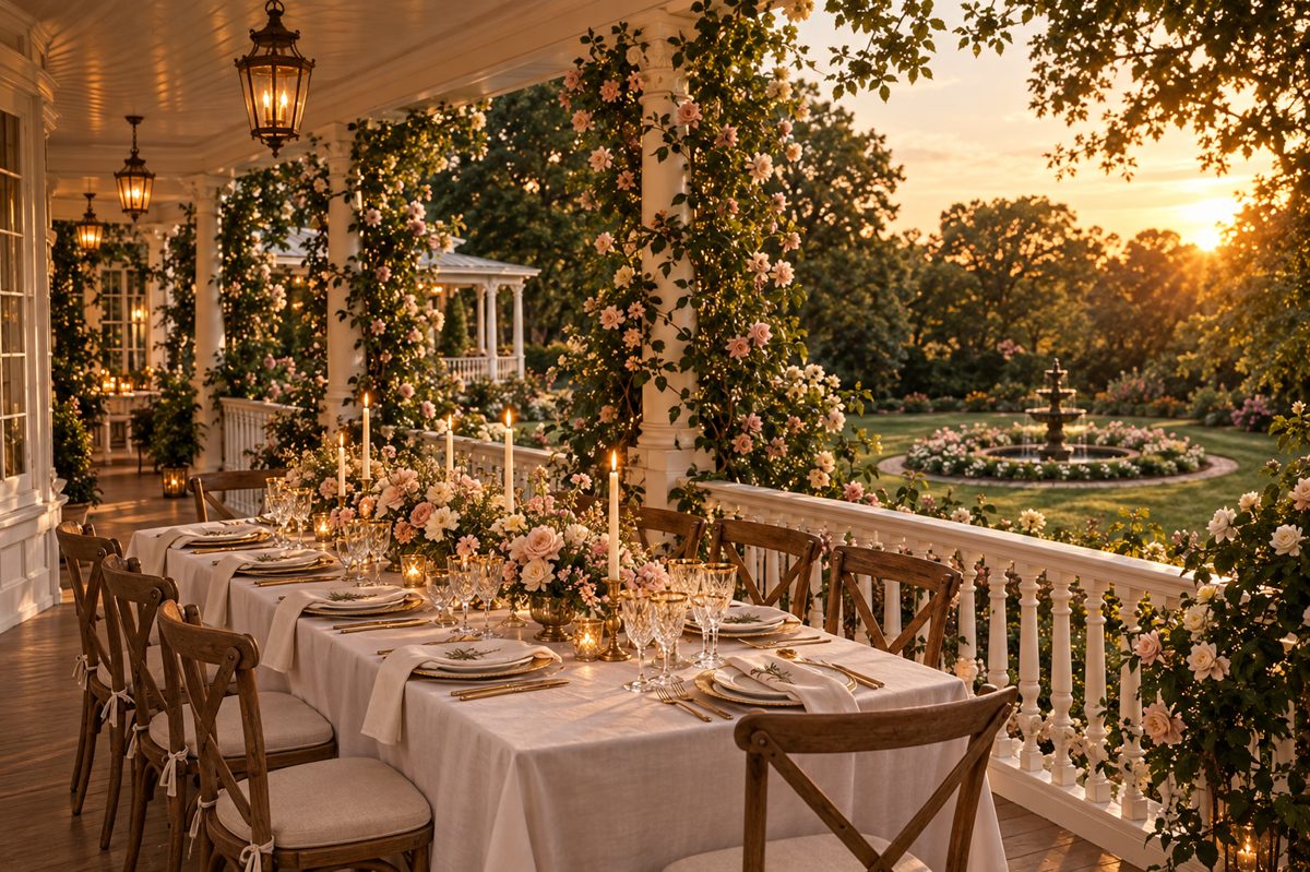 An intimate table set on the veranda overlooking the fountain garden at sunset
