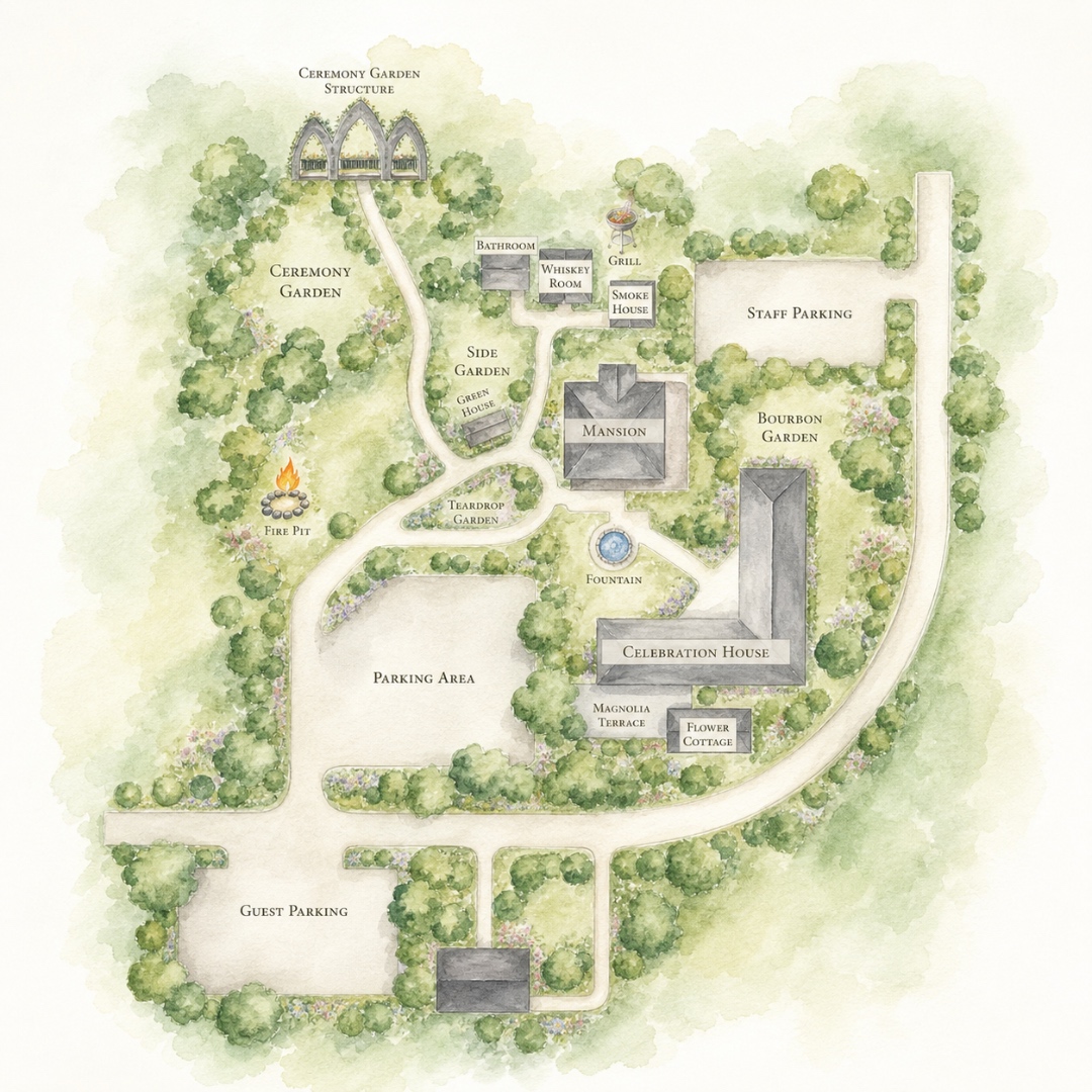 Watercolor map of Wildflower Madison showing the Ceremony Garden, Mansion, Celebration House, Magnolia Terrace, Flower Cottage, gardens, and parking areas